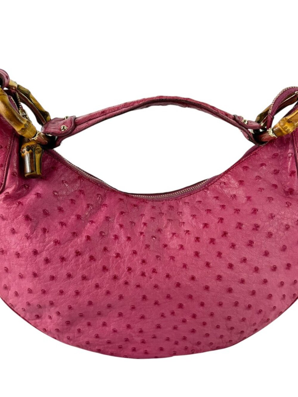 GUCCI Hot Pink Ostrich Leather Bamboo Ring Hobo Shoulder Bag Made in Italy